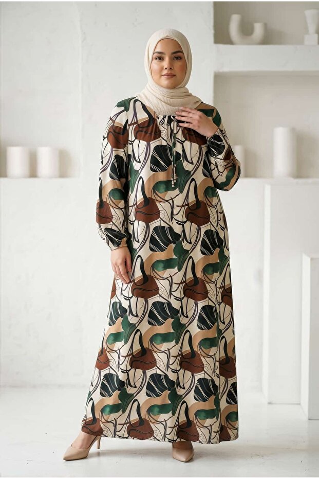 Plus Size Retro Patterned Viscose Hijab Dress - Forest Green & Coffee - Comfortable Fit, Spring Season