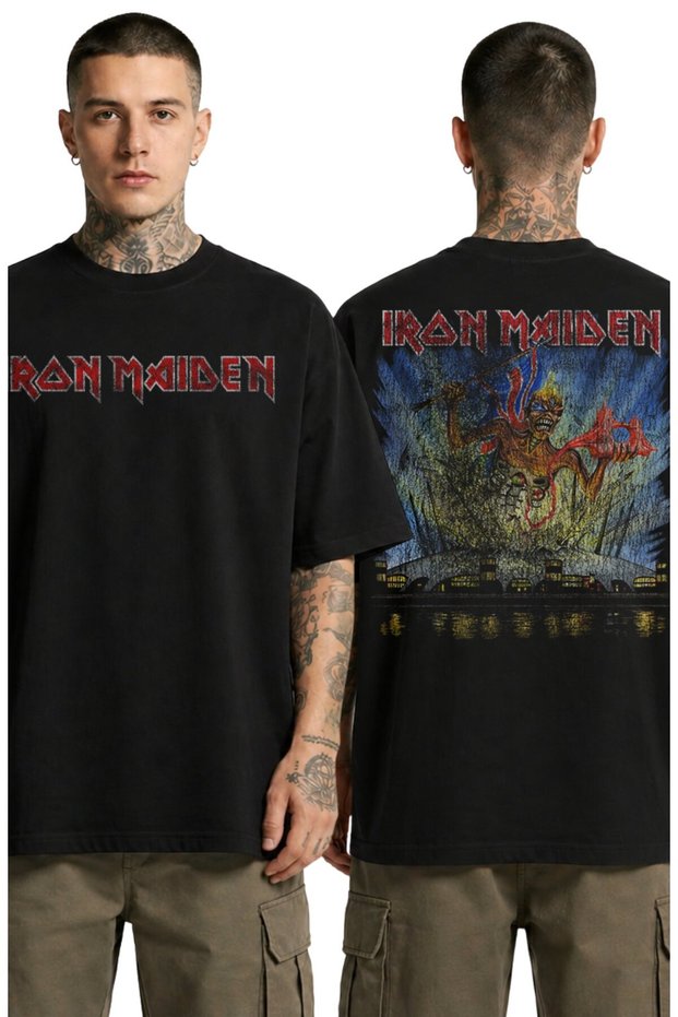 Unisex Iron Maiden Vintage Flag Back Print T-Shirt, Oversize Rock Band Themed Tshirt