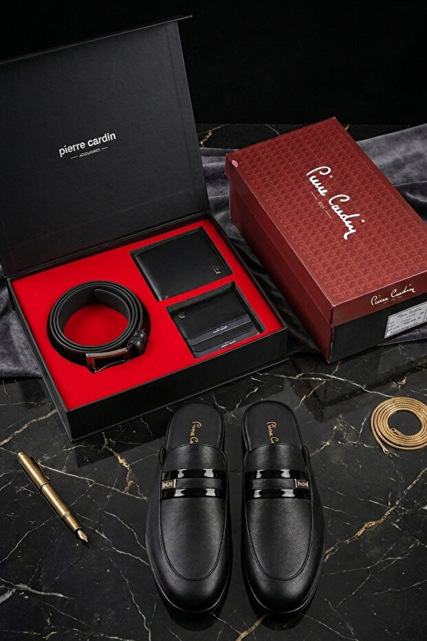 Men's Black 4-Piece Gift & Groom Dowry Set - 100% Genuine Leather Belt, Wallet, Card Holder, and Stylish Leather Slippers