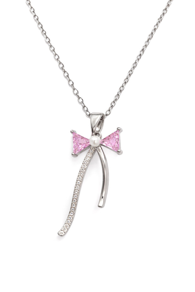 Women's Silver Color Bow Necklace with Pink Stone and Pearl Detail, Stylish Minimal Steel Chain