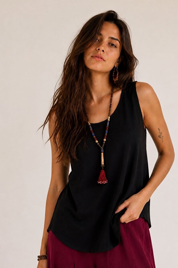 Back Button Detailed Sleeveless Blouse Plain Black