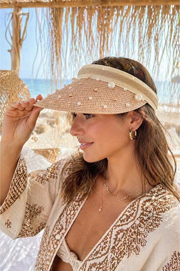 Powder Pearl Stone Embroidered Tenisci Visor Straw Women's Hat