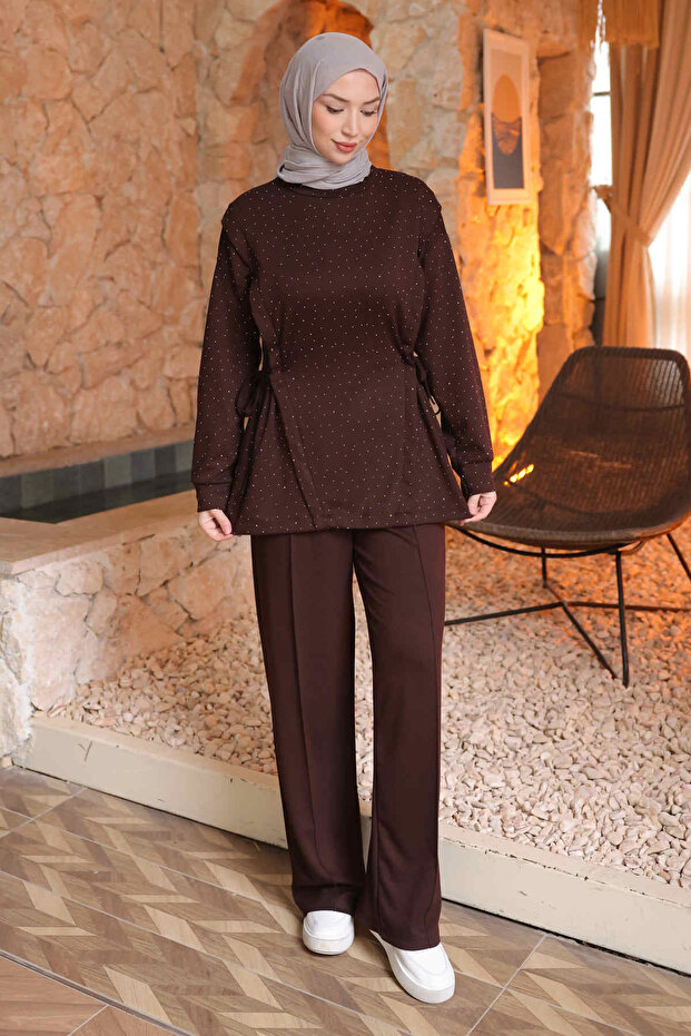 Brown Tunic and Trousers Set with Stone Detail on the Front and Side Tie Straps