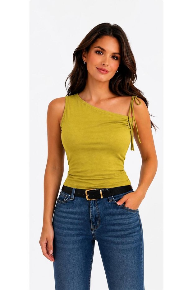 Women's One-Shoulder Asymmetrical Collar Sleeveless Tie-Detail Stretchy Blouse