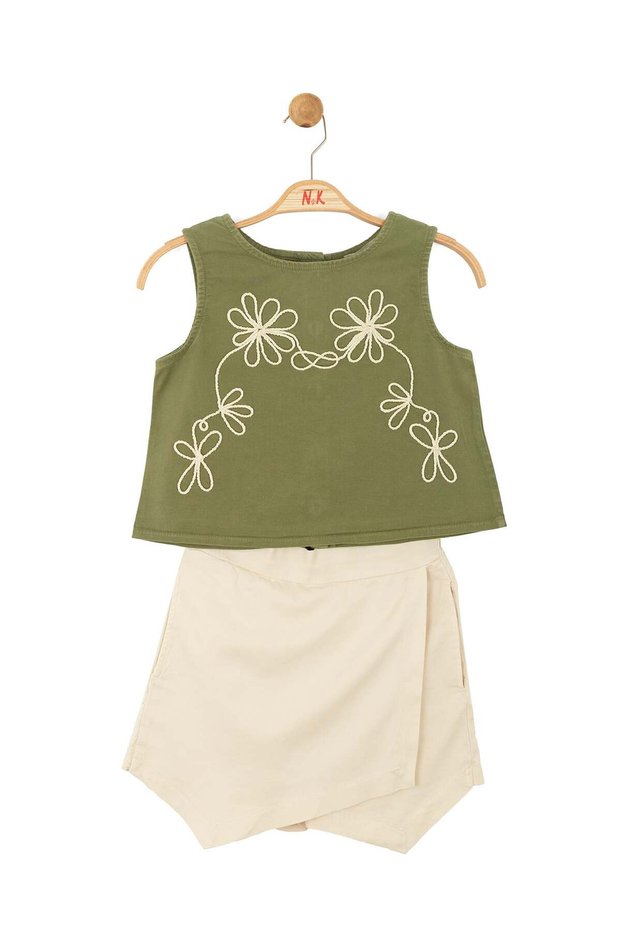 Nk Girl's Sleeveless Embroidery Detailed Set 8-14 Years Old Cream - Khaki