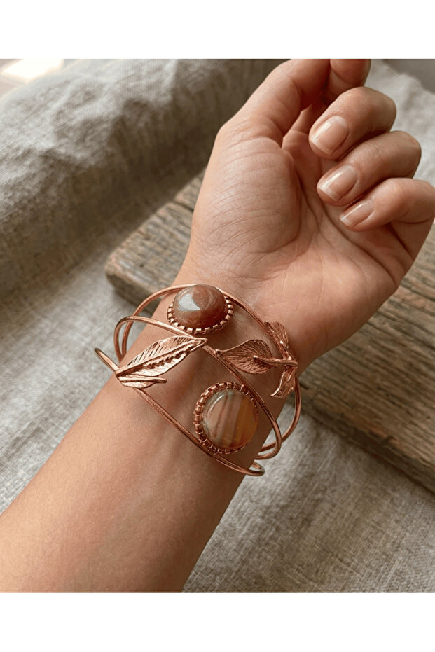 💎 Premium Natural Agate Stone Pure Copper Cuff Bracelet (18 cm) — a Natural and Ethnic Elegance