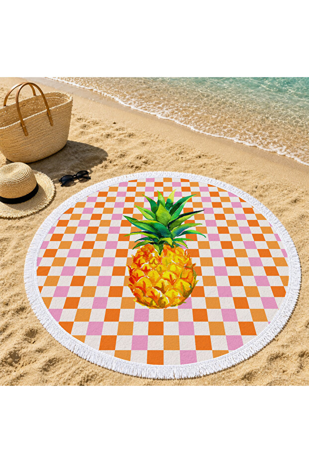 Orange Checkerboard Background Pineapple Patterned 150 cm Round Beach Towel