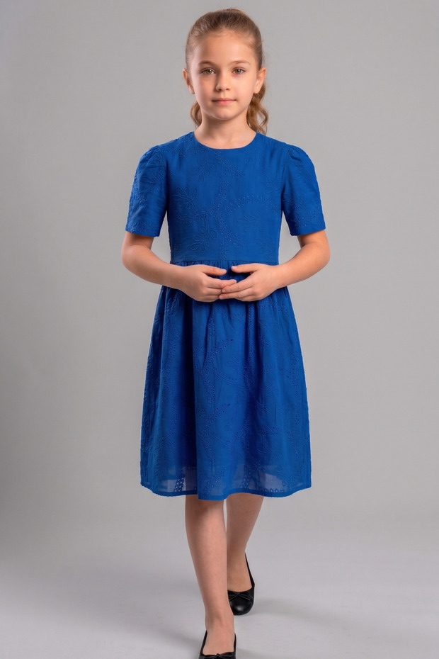 Girls' Embroidered Short Sleeve Dress, Belted Cotton Dress, 7-14 Years