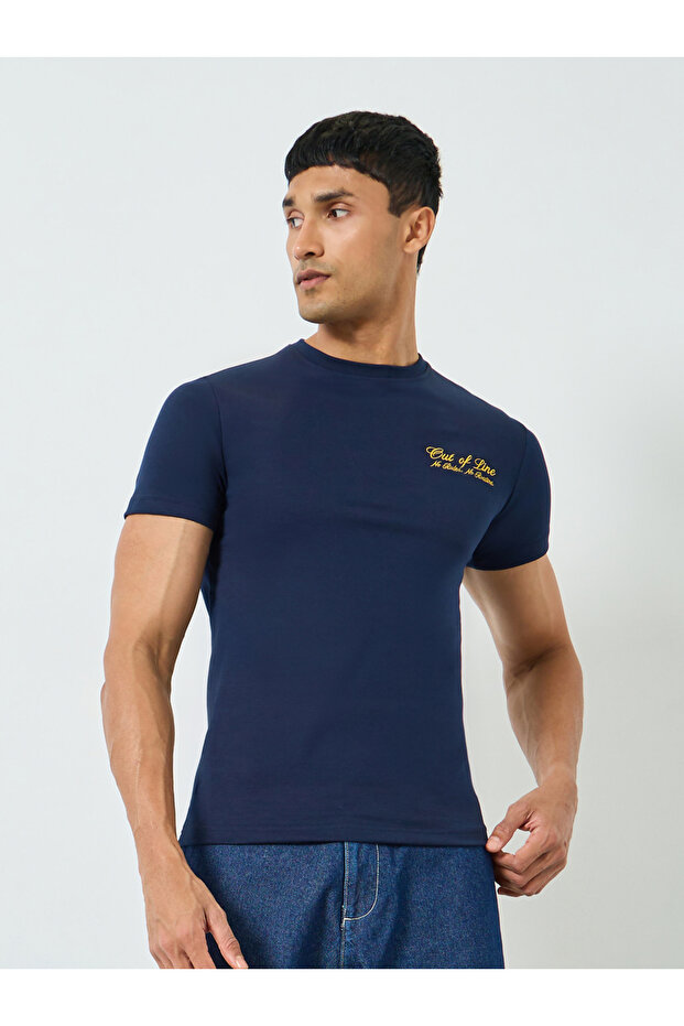 Men Navy Blue Embroidered T-Shirt