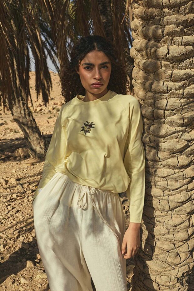 Butter Yellow Olive Green Embroidered Single Jersey Raglan Sleeve Bodysuit