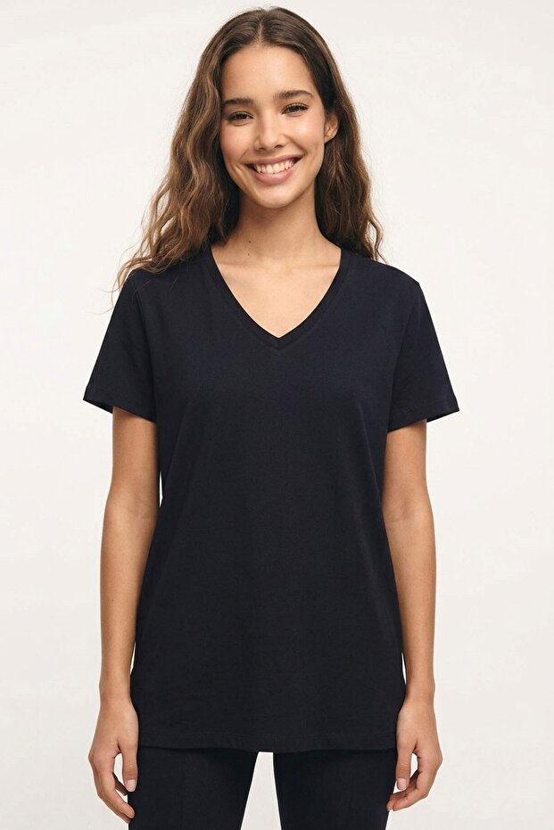 V-Neck Basic Viscose Blend T-Shirt - 5