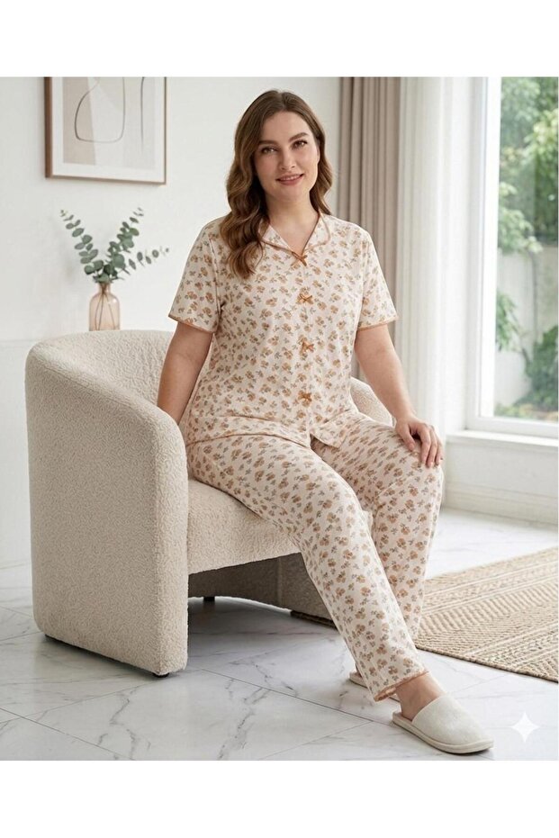 Flowery Summer Lycra Patterned Women's Terry Fleece Pajama Set