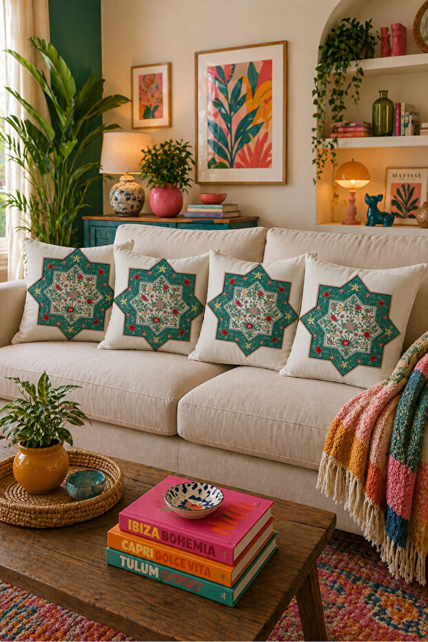 Turquoise Ottoman Motif Decorative Cushion Cover Set of 4 43X43 cm Authentic Seljuk Patterned