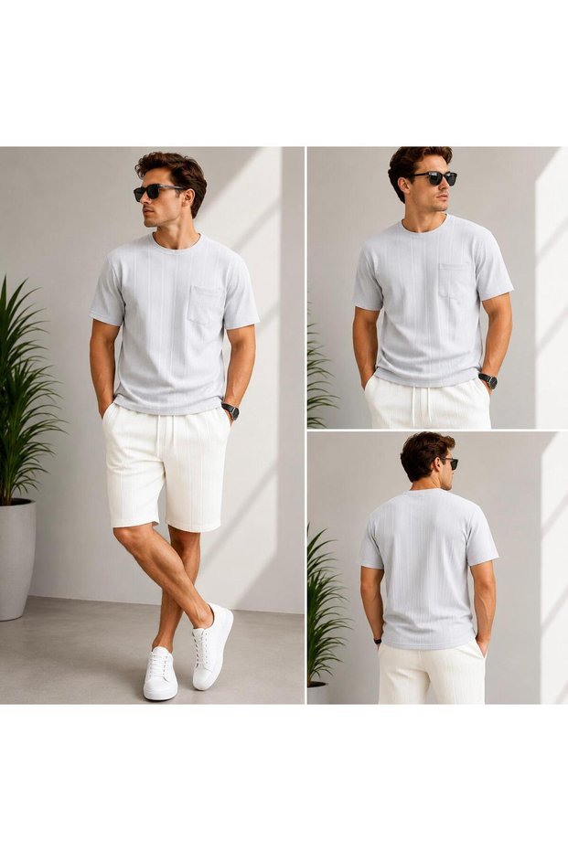 Men's Ottoman Fabric Crew Neck Summer T-Shirt Shorts 2-Piece Top and Bottom Set