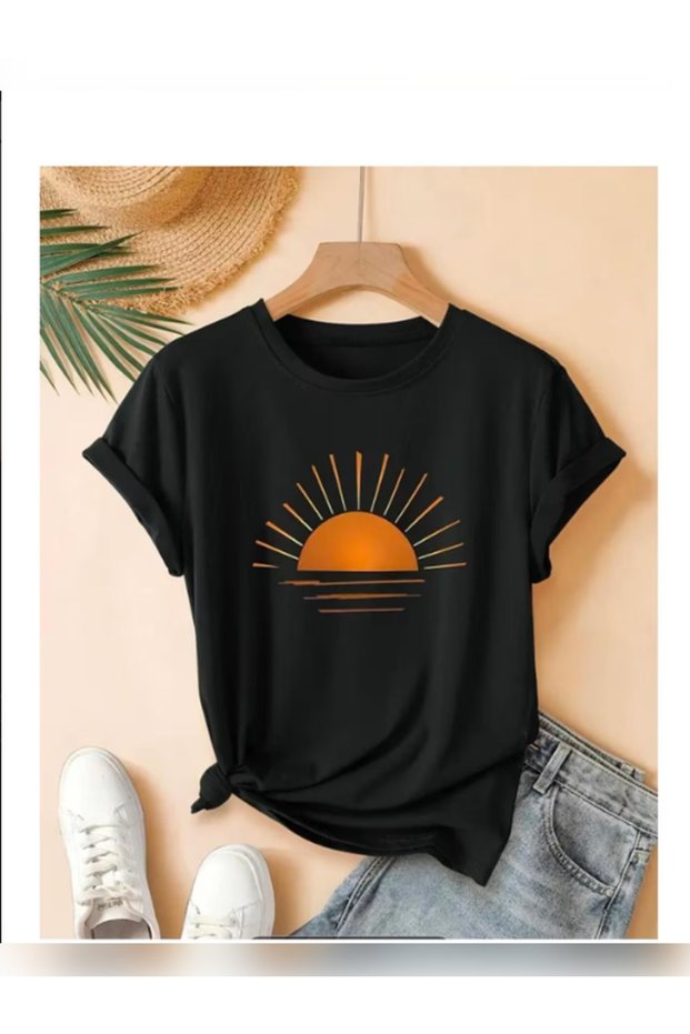 Unisex Oversized Printed Crew Neck Short Sleeve Black T-Shirt