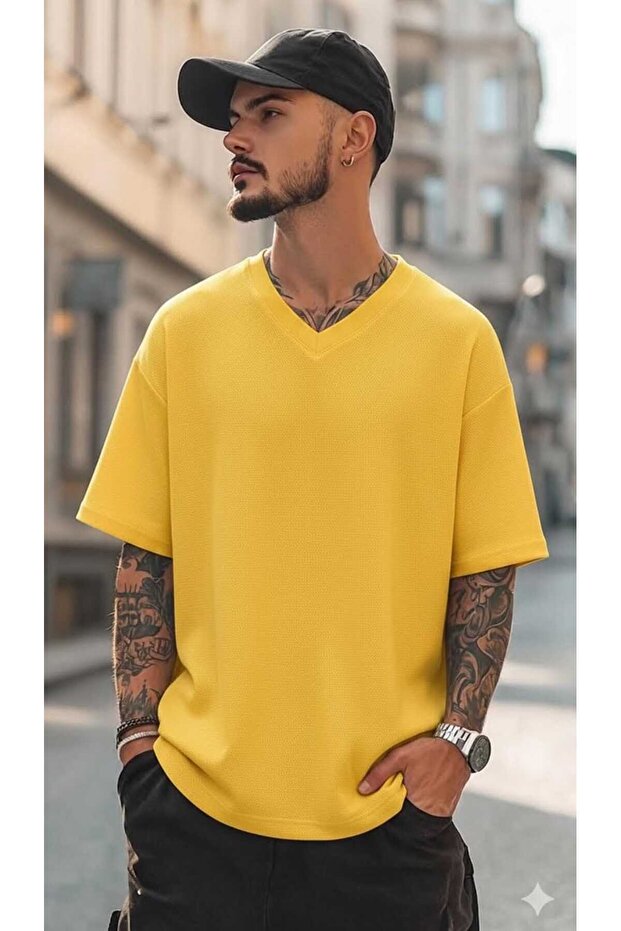 Men's V-Neck Yellow Solid Color Cotton T-Shirt