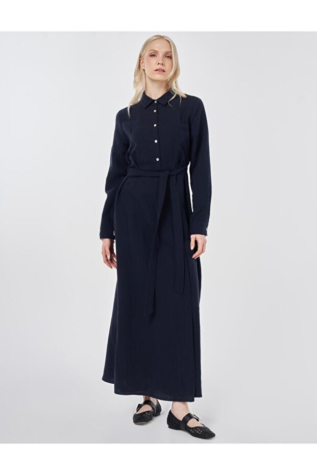 Waist Detailed Lyocell Viscose Dress Dark Navy Blue