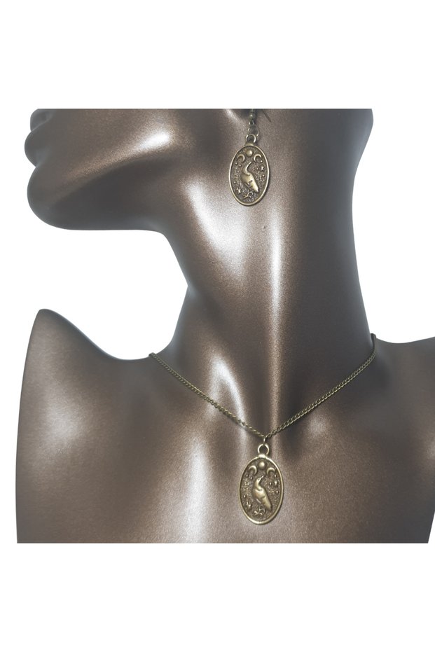 Antique Yellow Color Bird Figured Oval Necklace and Earring Set