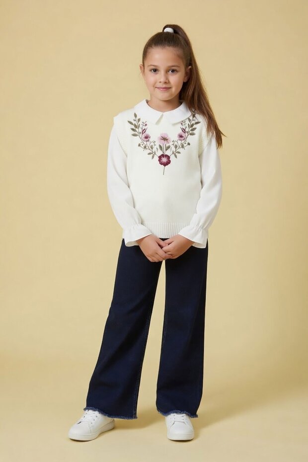 Burgundy Rose Patterned Sweater and Shirt with Jeans for Girls, 3-Piece Set 24109
