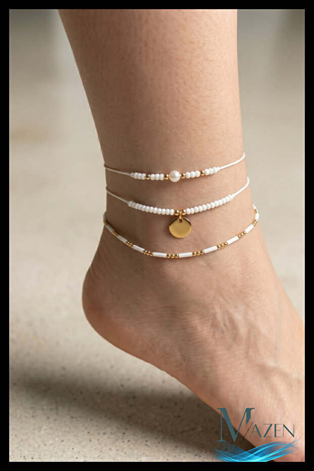 White Adjustable Drawstring Three Row Beaded Anklet Foot Bracelet | Women's Jewelry Accessories