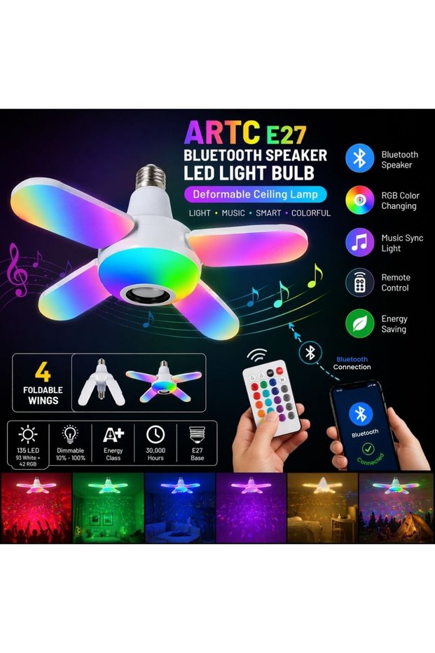 Smart Speaker Folding Deformation Lamp, LED Fan Music Light Bulb, Colour Changing Lamp with Built-In Bluetooth Speaker And Remote Control for Home Stage Bar Party