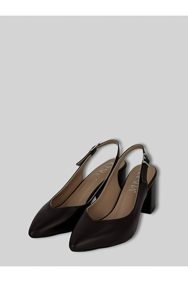 Dovira Women's Leather Pointed Toe V-Cut Open Heel Thick Heeled Shoes 8 cm