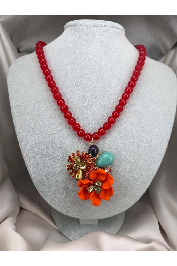 Red Beaded Flower Figured Colorful Stone Detailed Women's Necklace Flashy Design Necklace
