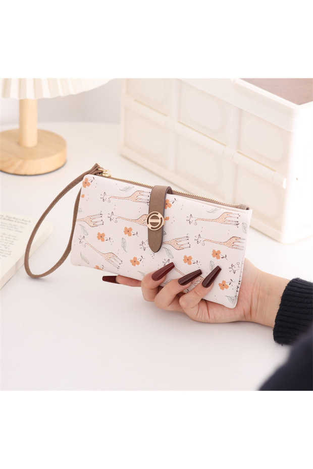 Cream Color Soft Textured Giraffe Printed Strap Portfolio Wallet Handbag