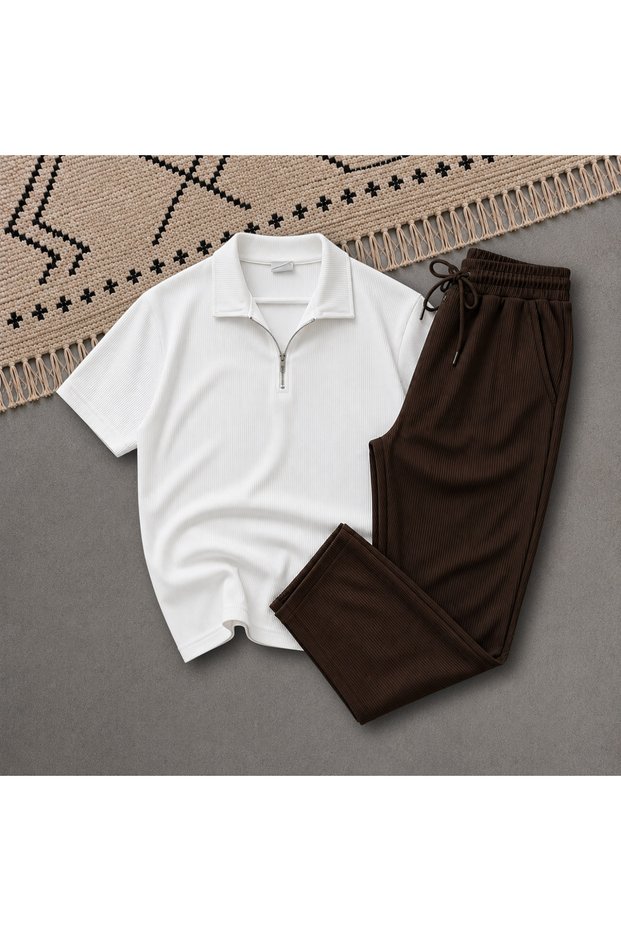 New Season Premium Fabric Ribbed Ottoman Summer Zippered T-Shirt and Sweatpants 2-Piece Set