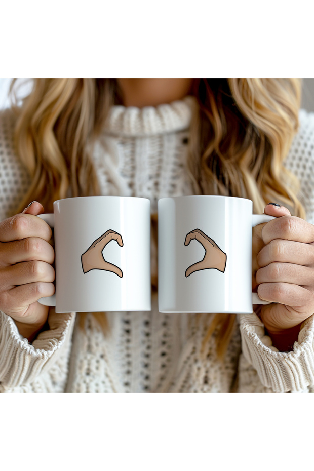 Special Gift for Lovers: Set of 2 Half Heart Patterned 330ml Printed White Ceramic Mugs