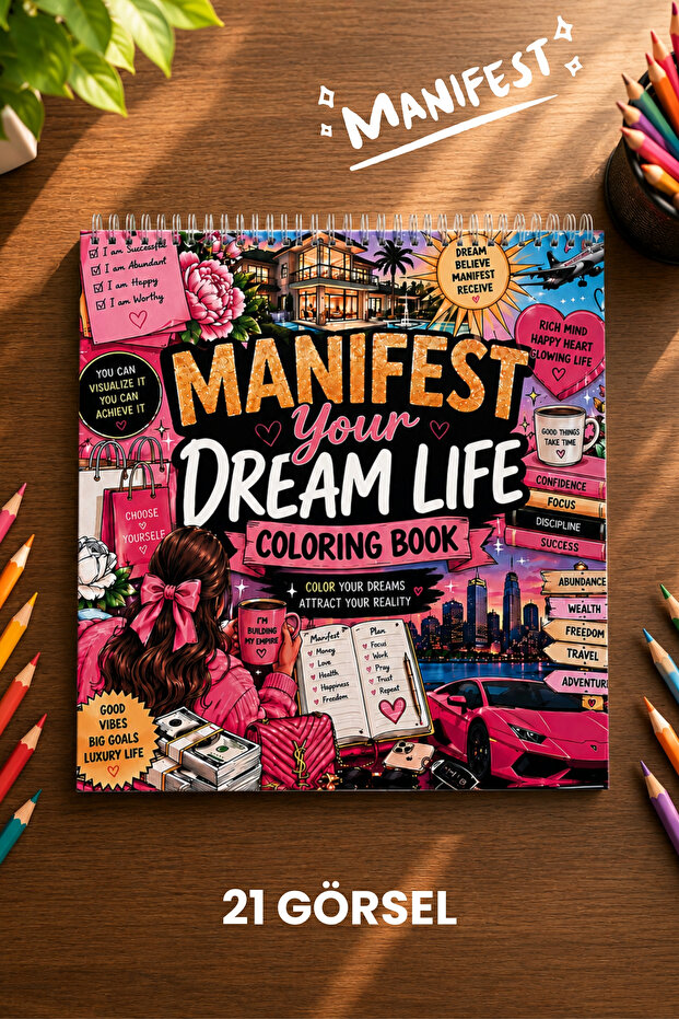 birikiyedi Manifest Coloring Book/Rahatlatıcı Motivasyon Boyama Kitabı/21 X21 CM/ 21 Görsel