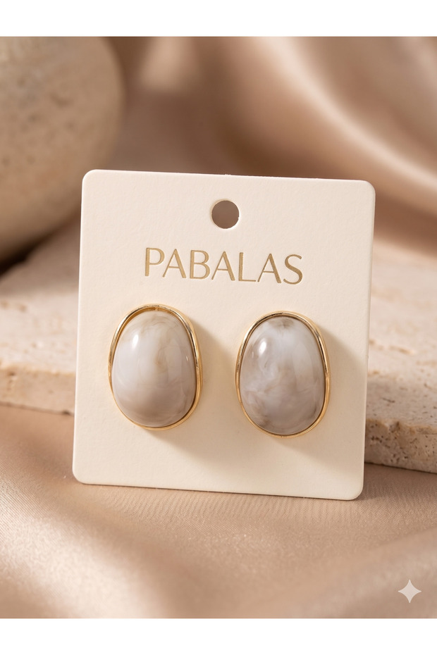 Women's Oval Marble Patterned Earrings – Minimal Vintage Earring Model with Gold Detail