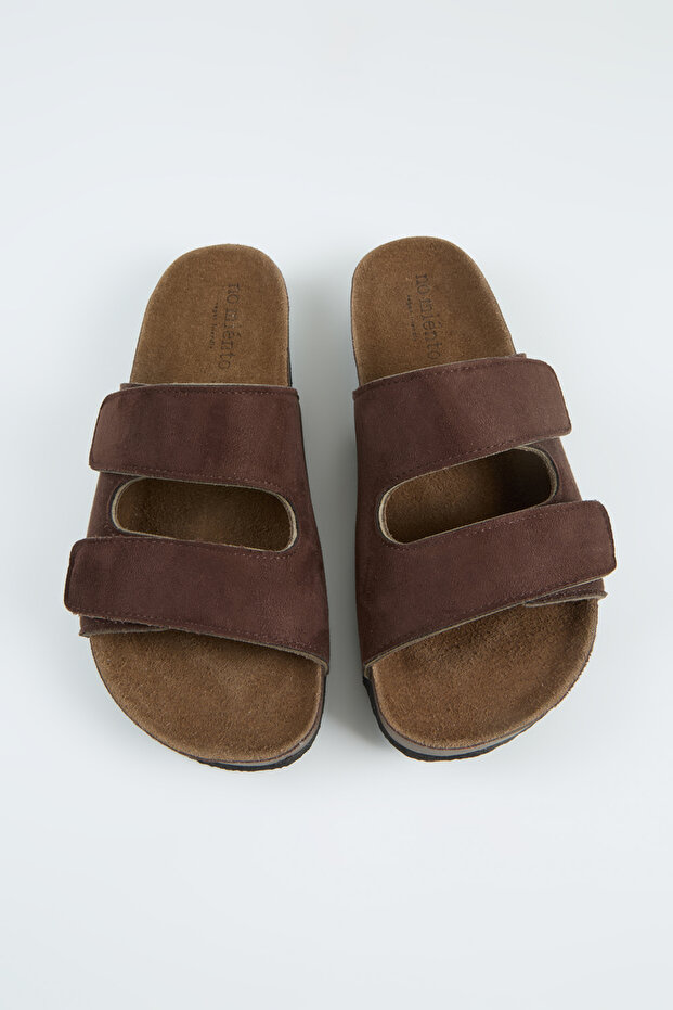 Vega Men's Vegan Leather Double-Strap Velcro Brown Slippers