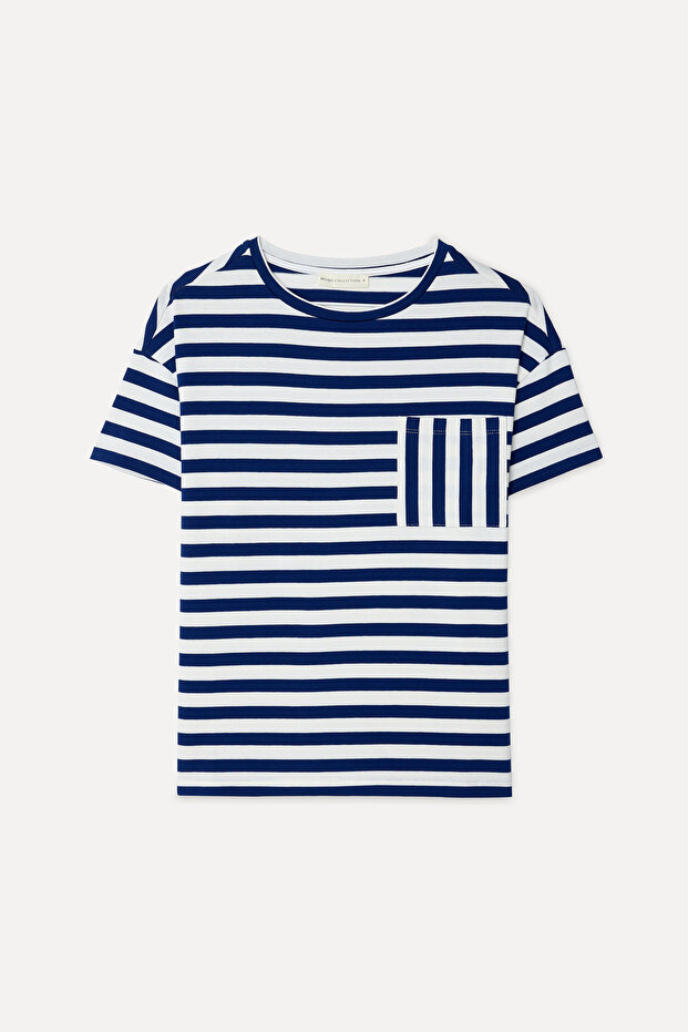 Women's Navy Blue Striped Open Collar T-Shirt