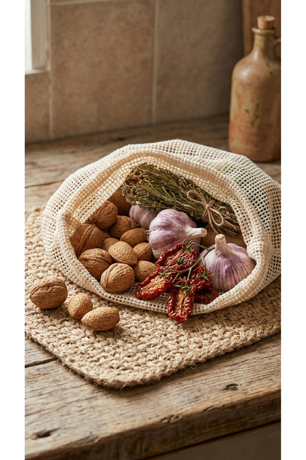 Natural Cotton Mesh Bag for Kitchen and Food Storage with Drawstring