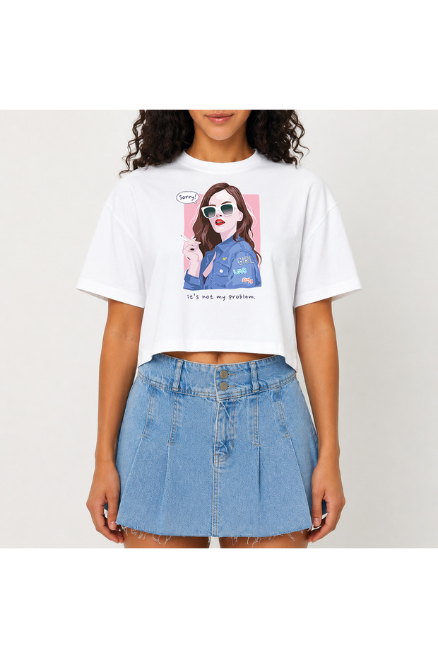 Crop T-Shirt White Printed Relaxed Fit Raw Cut Basic Short Tshirt