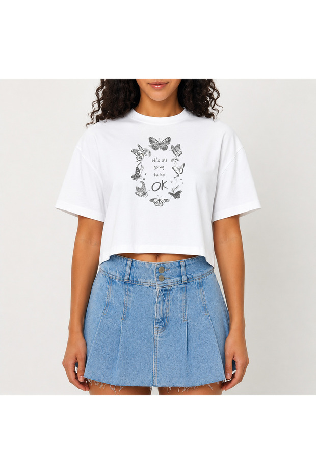 Crop T-Shirt White Printed Relaxed Fit Raw Cut Basic Short Tshirt