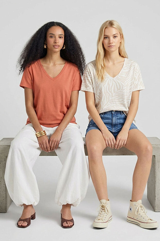 2 Pieces V-Neck Basic Viscose Blend T-Shirt