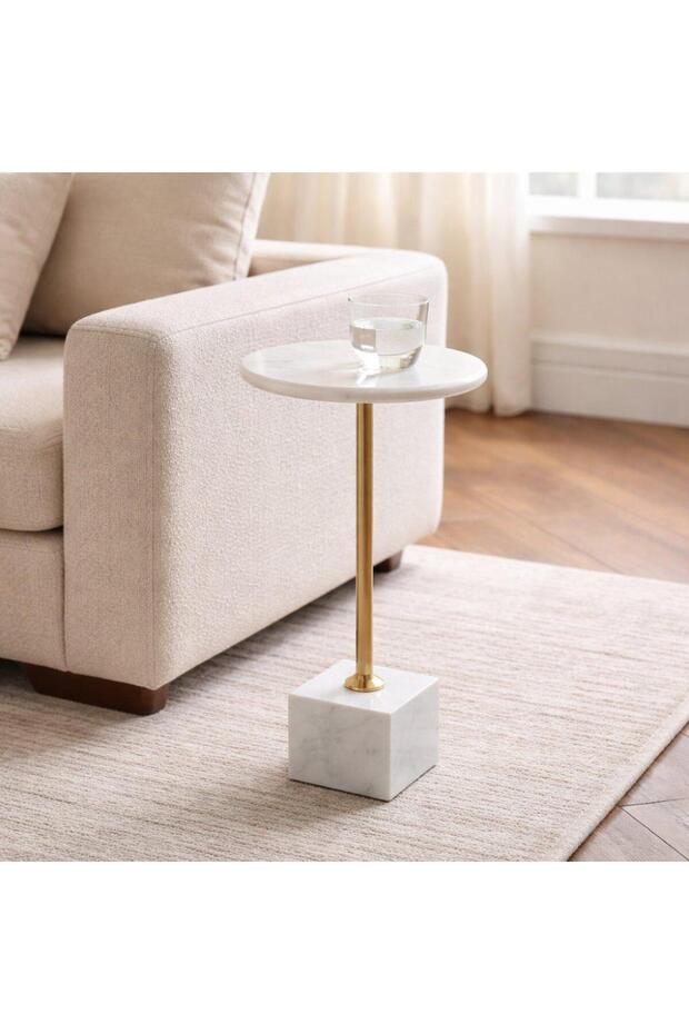 Stylish Round Marble Surface Side Table with Marble Base - 2