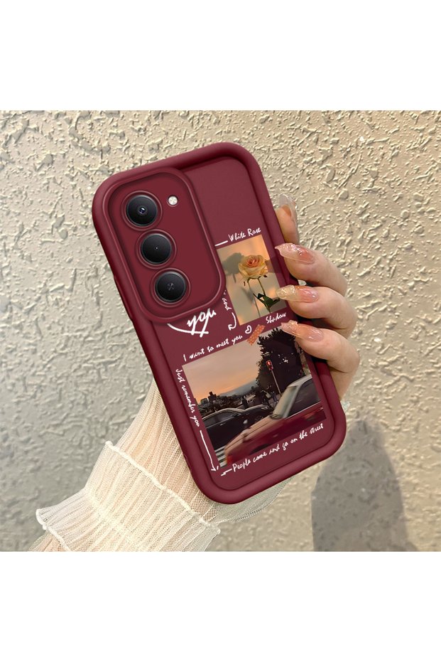 Redmi 15 4G/5G Compatible Maroon Frame Vintage Photo Collage Motif Flexible Silicone Case