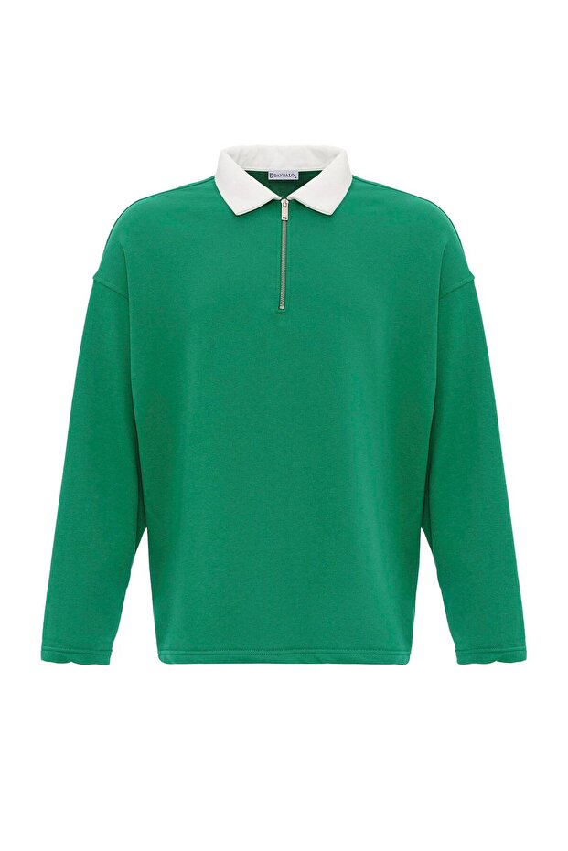 Basic Polo Collar Zipper Detailed Sweatshirt