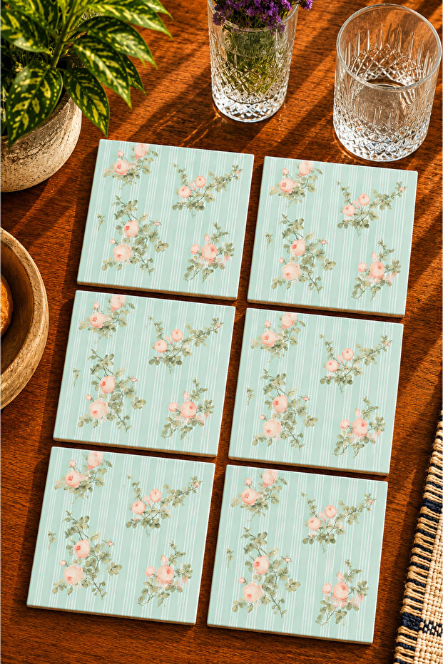 Abstract Floral Themed Modern Set of 6 Coasters - Uv Printed Mdf - 10X10 cm