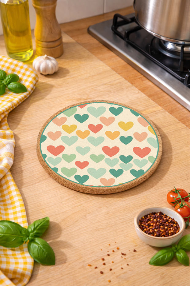 Green Heart Patterned Cork Pot and Pan Mat 19cm Diameter 1cm Thickness