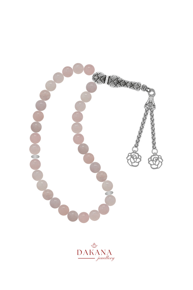 Certified 8 mm Pink Quartz Stone Lotus Flower Steel Tassel Natural Stone Prayer Beads