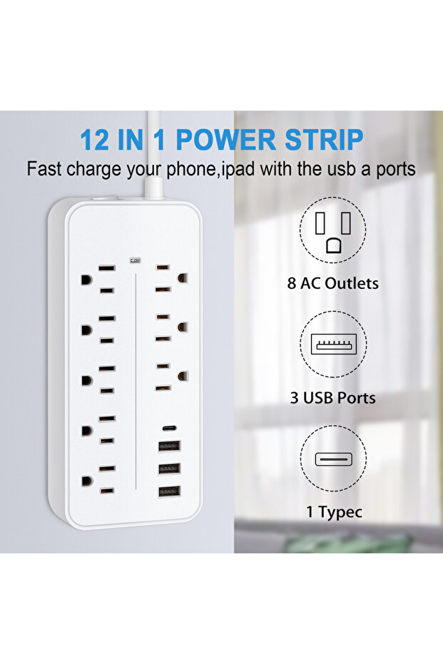 white Power Strip US Plug AC Outlets Multitap Electrical Socket Extension Cord With USB C Ports Fast