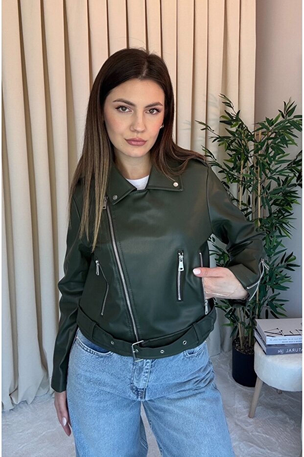 Women's Khaki Belted Zipper Detailed Biker Leather Jacket