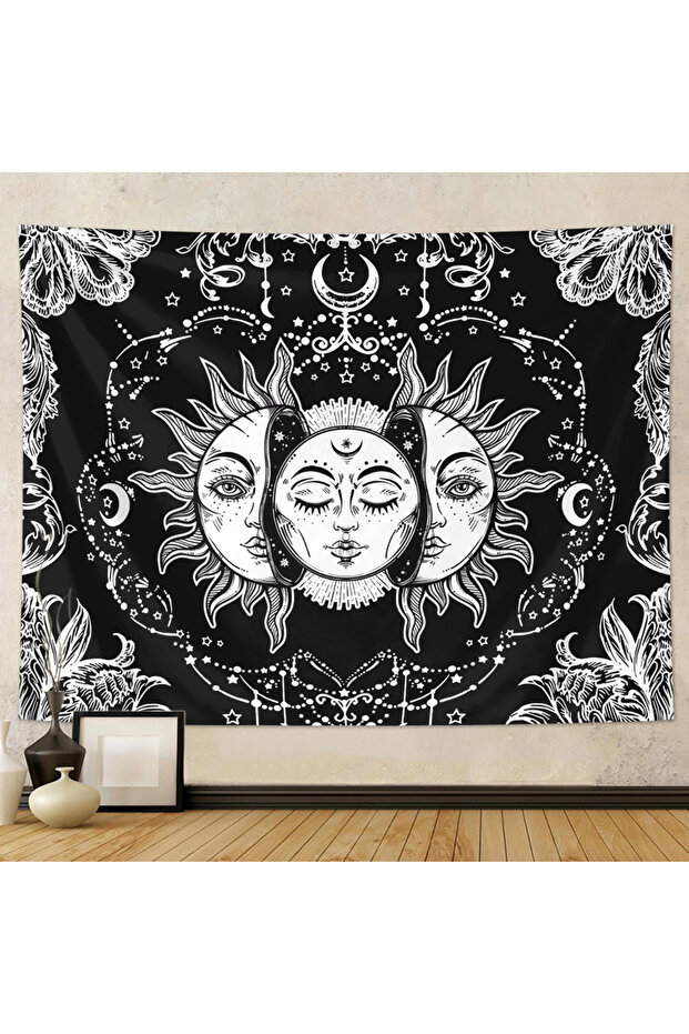 100x150cm GT1204 1pc Sun Moon Tapestry, Burning Sun and Stars Tapestry, Black and White Mysterious T