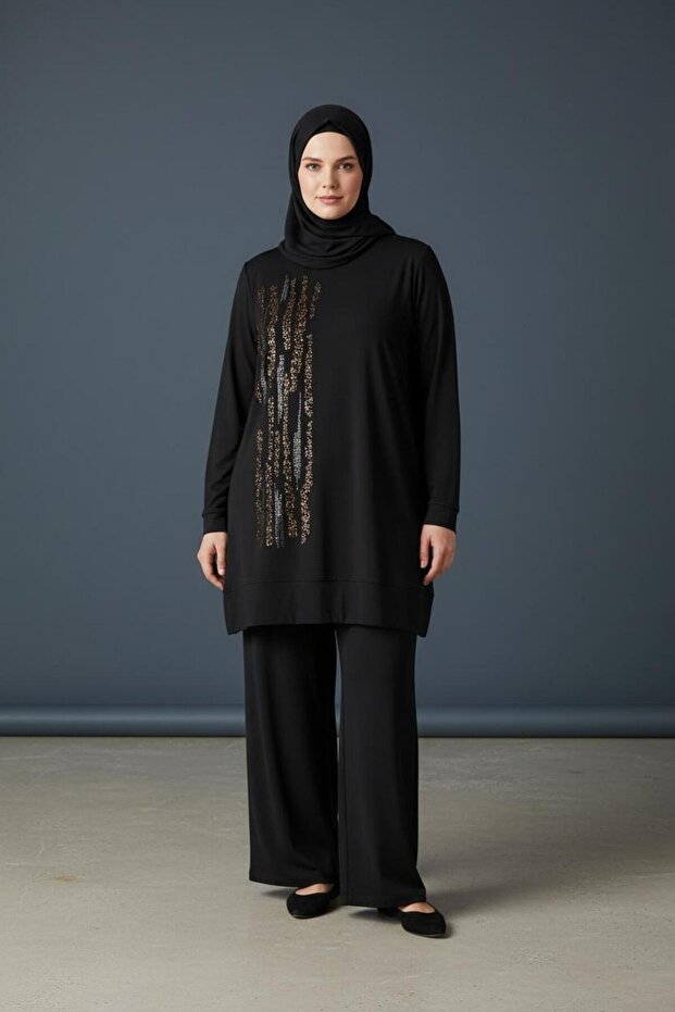 Plus Size Cotton Stone-Studded Top and Bottom Set