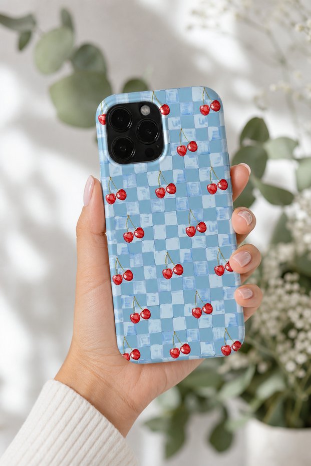 iPhone 15 Pro Max Compatible Launch Silicone Checkered Cherry Pattern Shock Absorbing Case Blue