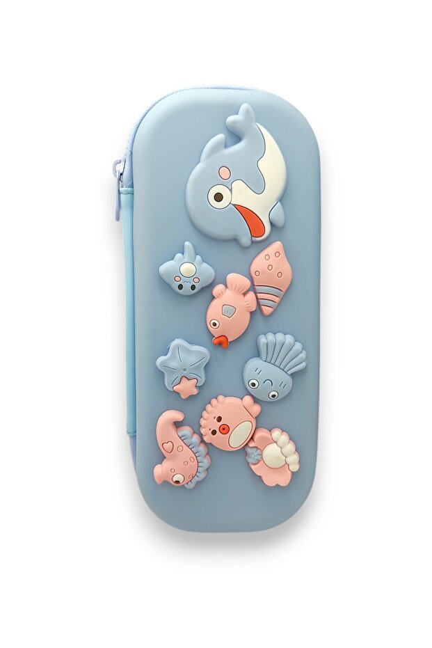Pencil Case Korean Style Silicone Pen Holder with Fish and Sea Figures - Blue